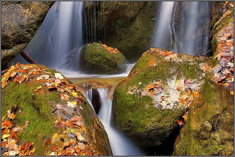 Autumn Waterfall — Green, Serene, Photograph, Rocks