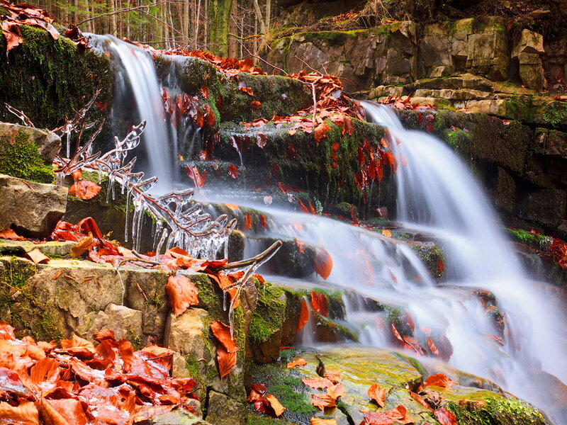 Autumn Waterfall — Green, Serene, Photograph