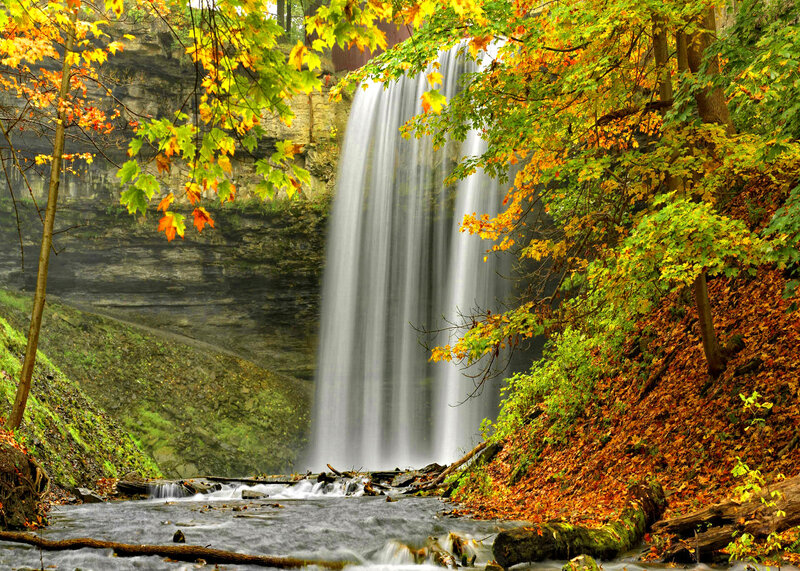 Autumn Waterfall — Green, Serene, Photograph, Trees, River, Cliff