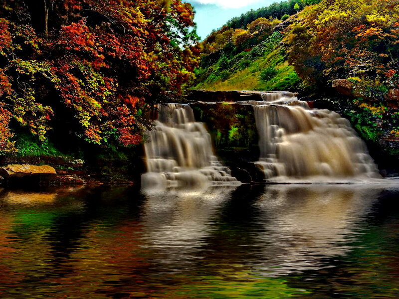 Autumn Waterfall — Green, Serene, Photograph, Trees, River