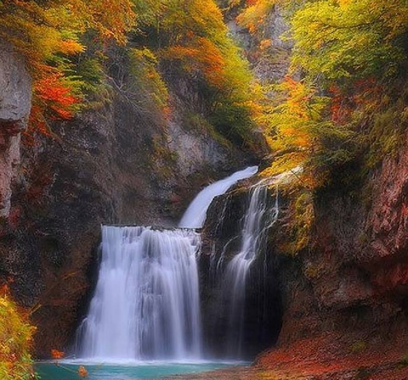 Autumn Waterfall — Green, Serene, Photograph, Trees, Rocks, Pool