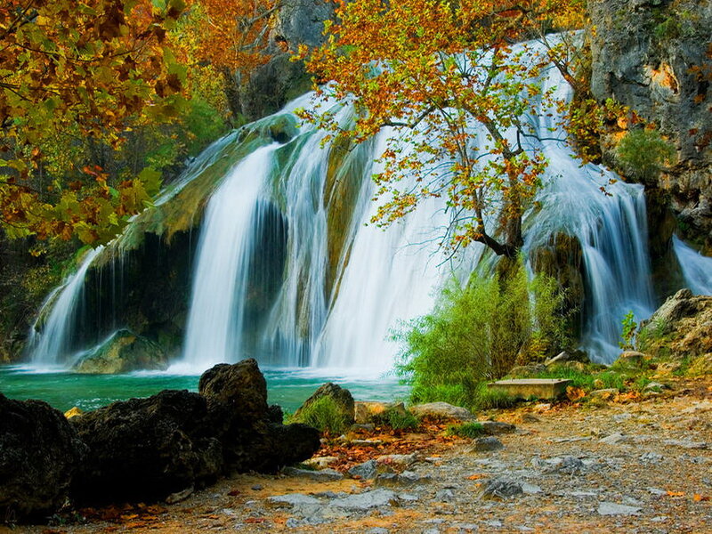 Autumn Waterfall — Green, Serene, Photograph, Trees, Rocks