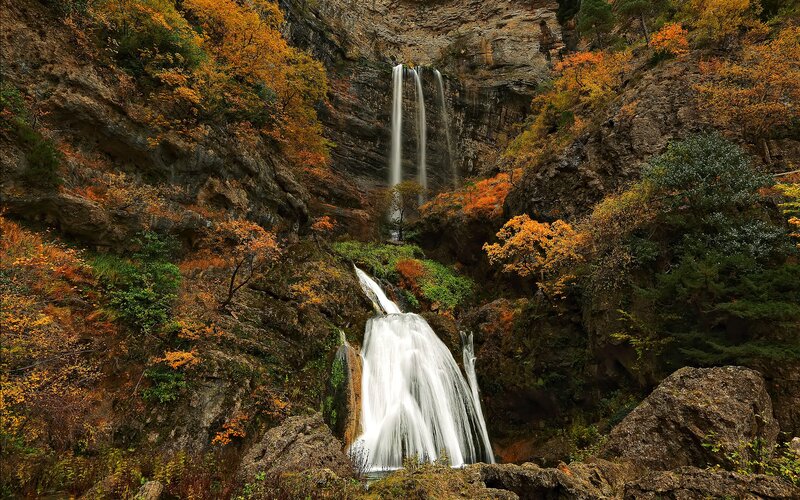 Autumn Waterfall in Canyon — Orange, Serene