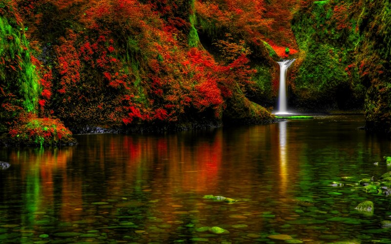 Autumn Waterfall in Canyon — Red