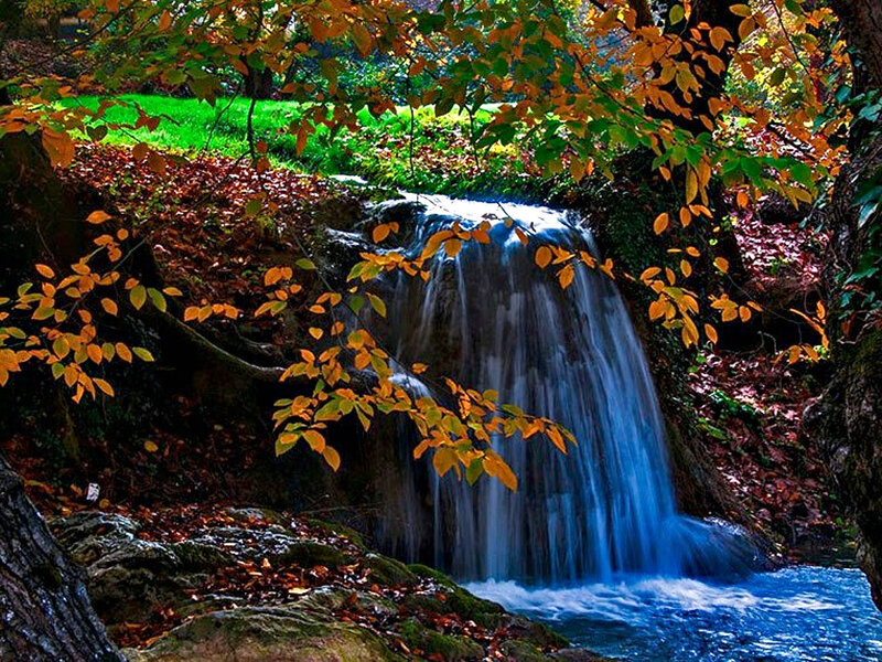 Autumn Waterfall in Forest — Blue