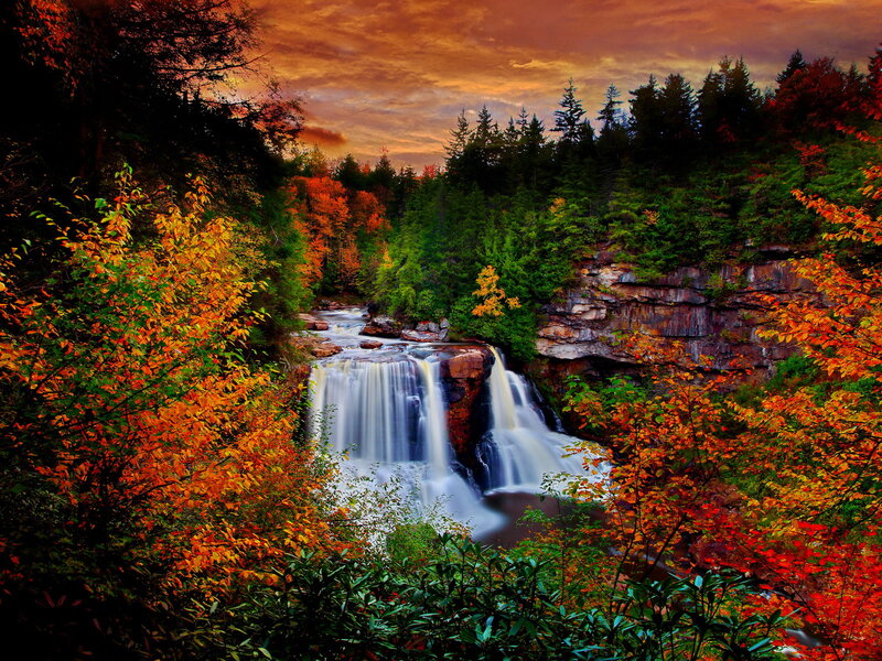 Autumn Waterfall in Forest — Orange, Dramatic