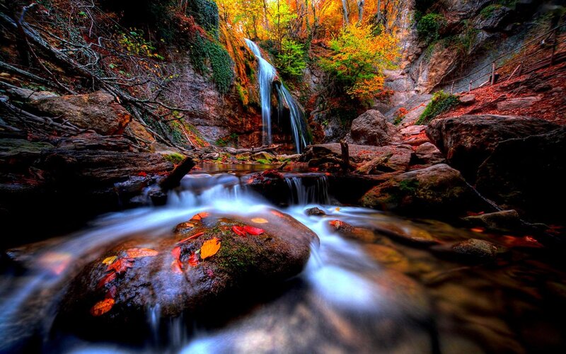 Autumn Waterfall in Forest — Orange, Serene, Photograph, Fallen Leaves, Rocks