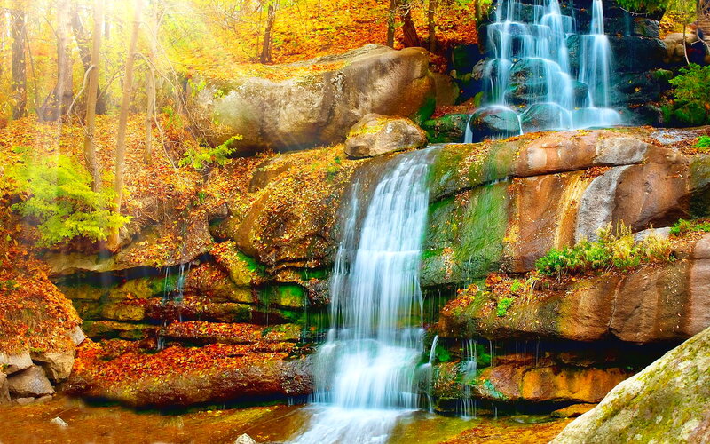Autumn Waterfall in Forest — Orange, Serene, Photograph, Trees, Rocks, Fallen Leaves