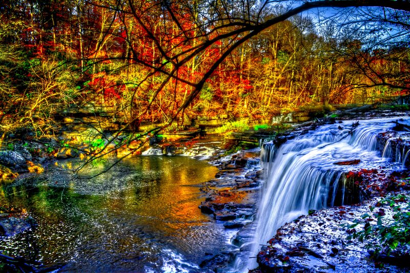 Autumn Waterfall in Forest — Red, Dramatic