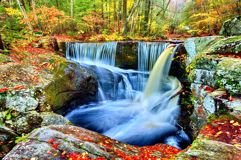 Autumn Waterfall in Forest — Red, Serene, Photograph, Fallen Leaves, Rocks