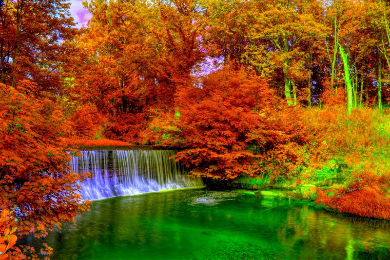 Autumn Waterfall in Forest — Red, Serene, Photograph, Trees, River