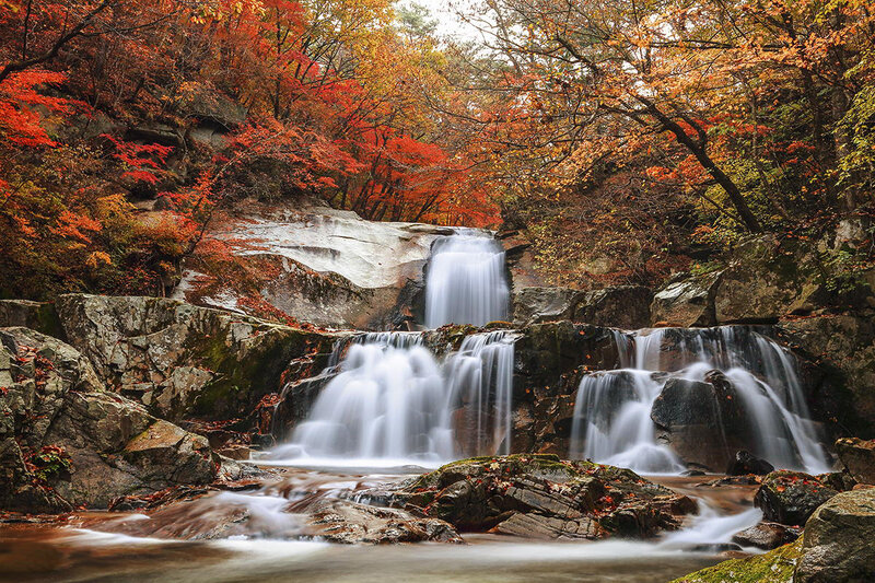 Autumn Waterfall in Forest — Red, Serene, Photograph, Trees, Rocks, Stream