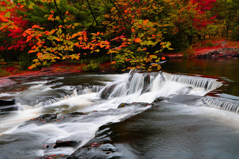 Autumn Waterfall in Forest — Red