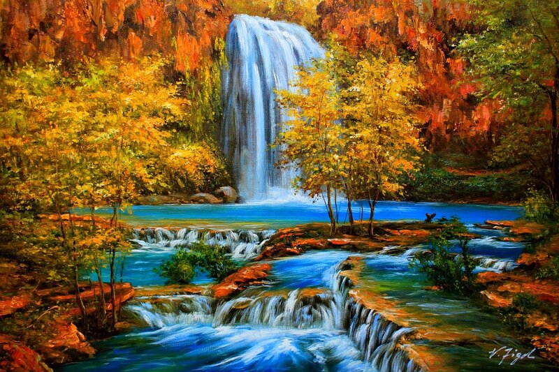 Autumn Waterfall Landscape — Blue