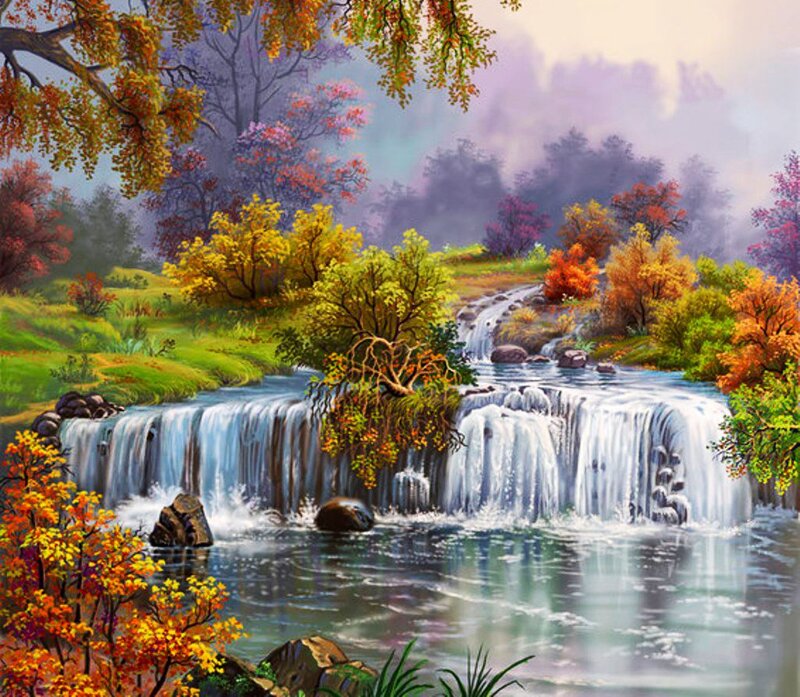 Autumn Waterfall Landscape — Green, Serene, Painting