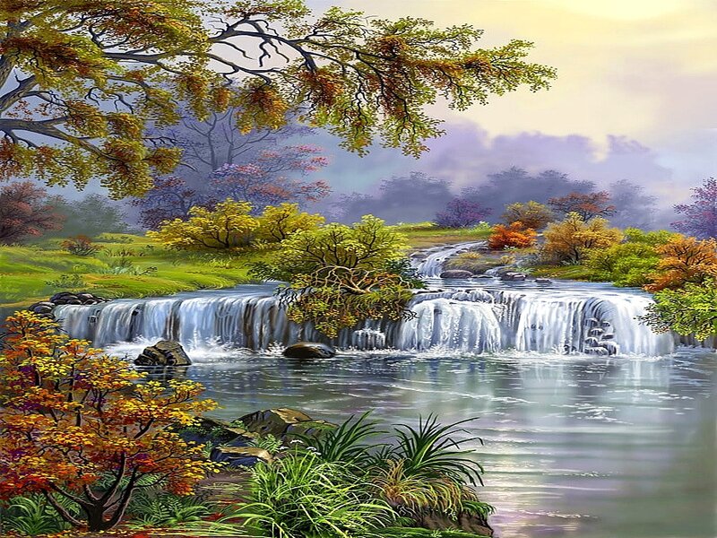 Autumn Waterfall Landscape — Green, Serene, Painting, Trees