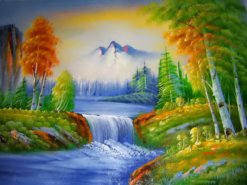 Autumn Waterfall Landscape — Green, Serene, Sunset