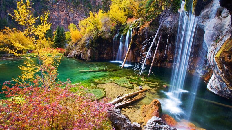 Autumn Waterfall Landscape — Green, Serene