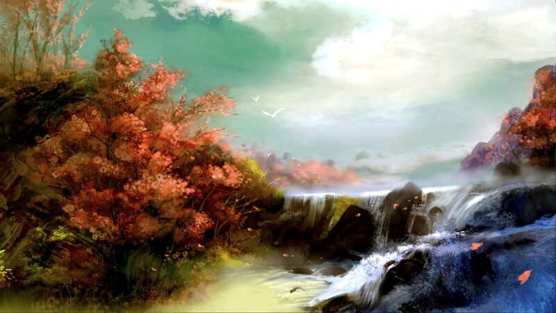 Autumn Waterfall Landscape — Green