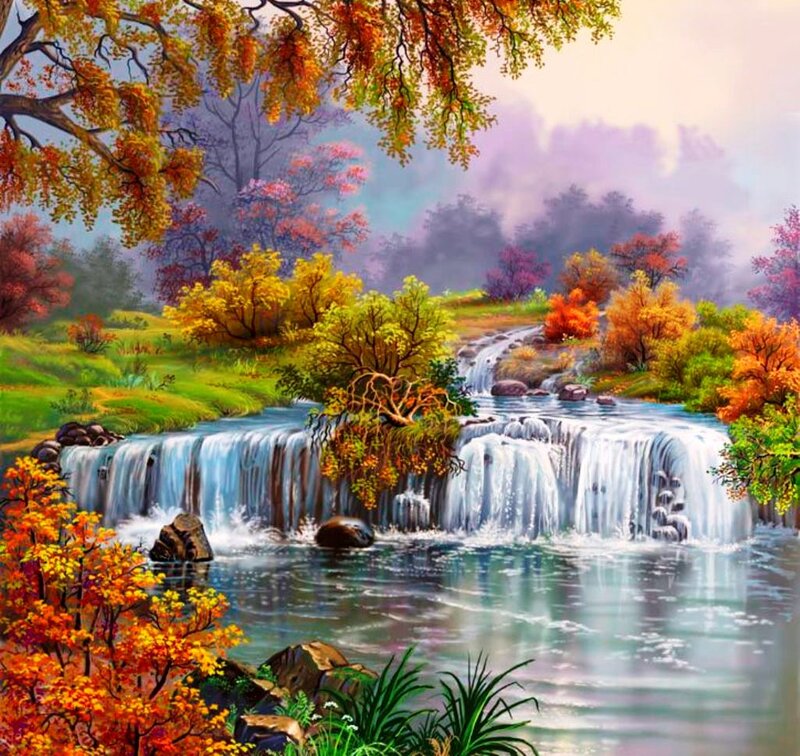 Autumn Waterfall Landscape — Orange, Serene, Painting