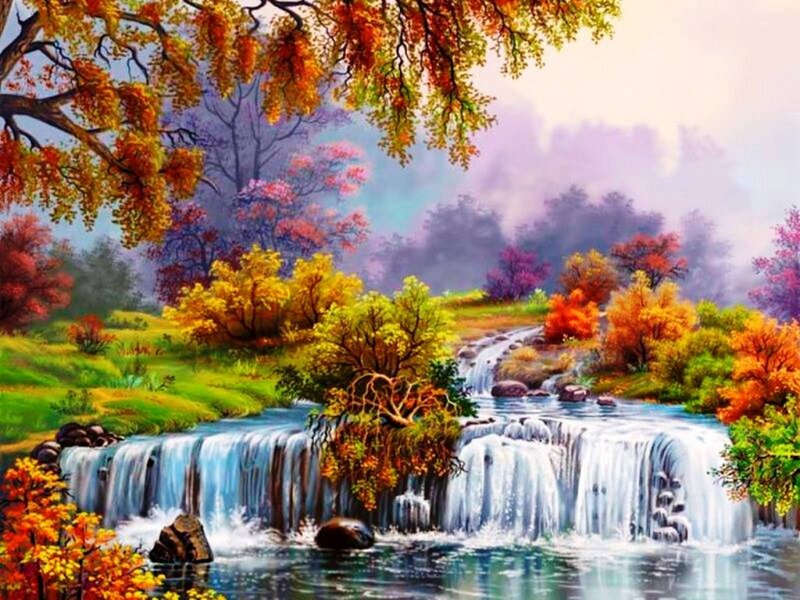 Autumn Waterfall Landscape — Orange, Serene, Painting, Trees