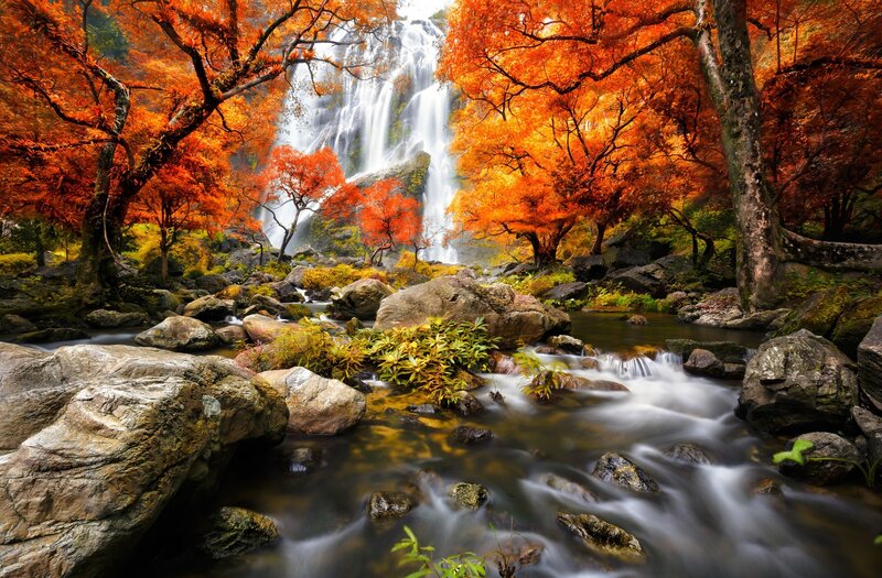 Autumn Waterfall Landscape — Orange, Serene, Photograph, Trees, Rocks, Stream