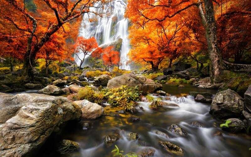 Autumn Waterfall Landscape — Orange, Serene, Photograph, Trees, Rocks