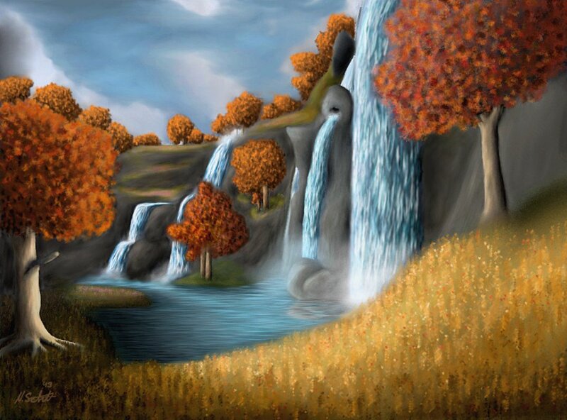 Autumn Waterfall Landscape — Orange, Serene