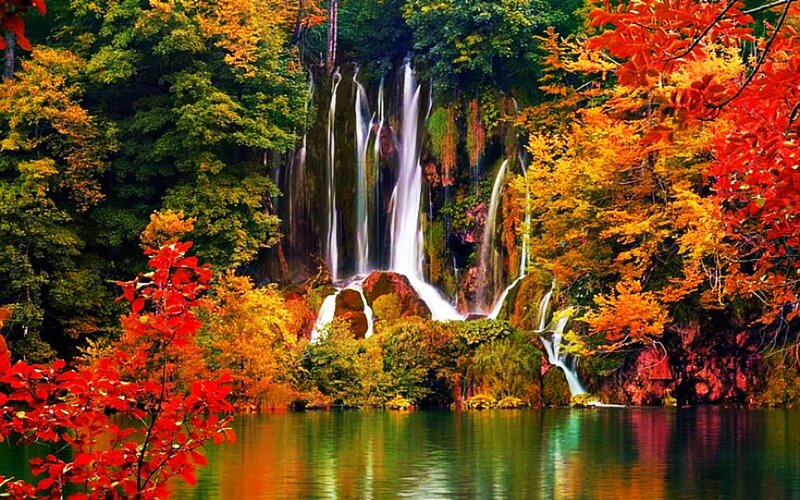 Autumn Waterfall Landscape — Red, Serene