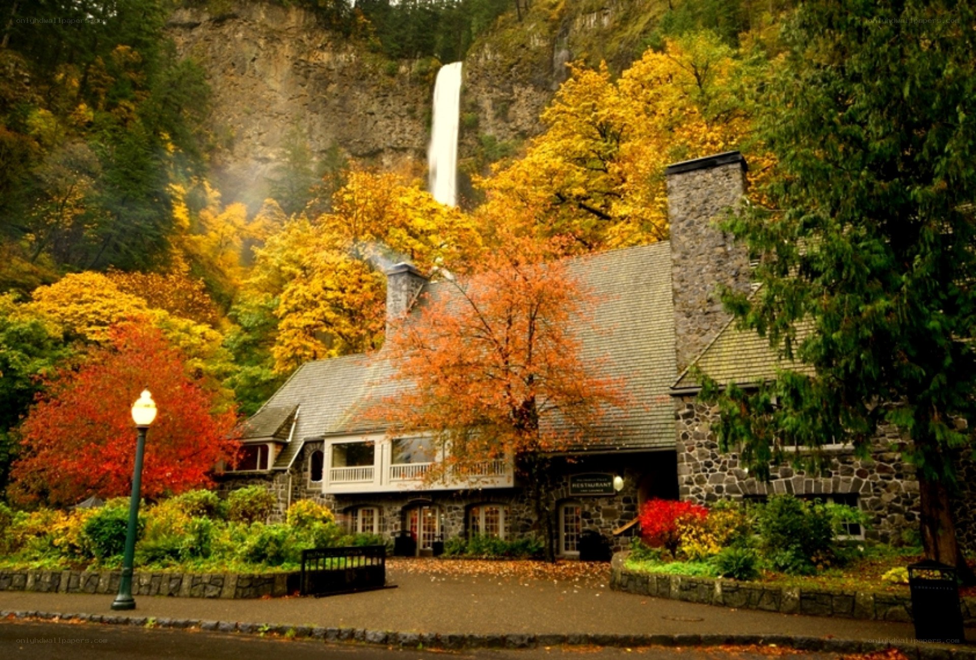 Autumn waterfall lodge