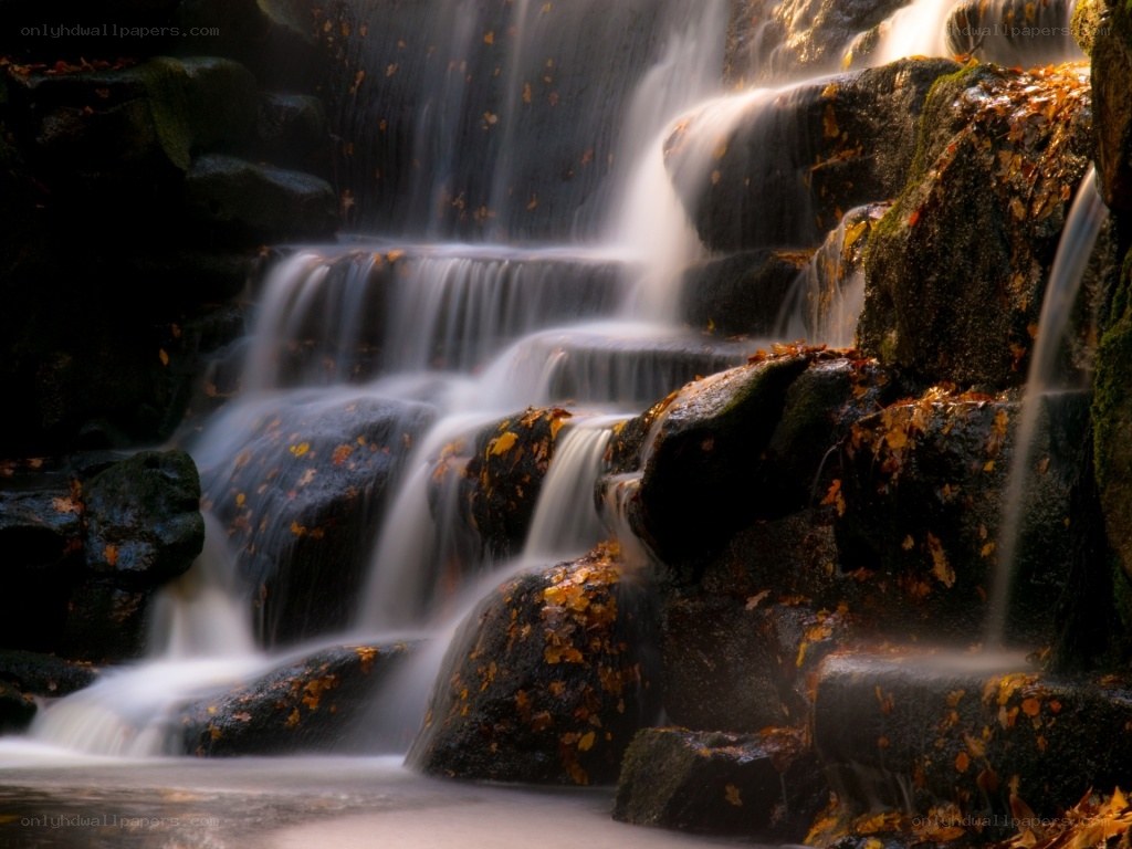Autumn waterfall on rocks
