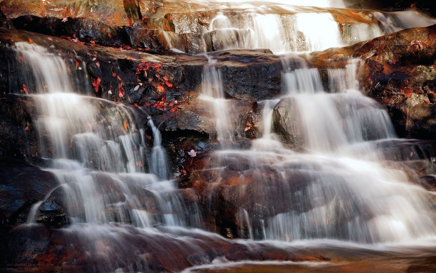 Autumn waterfall on rocks