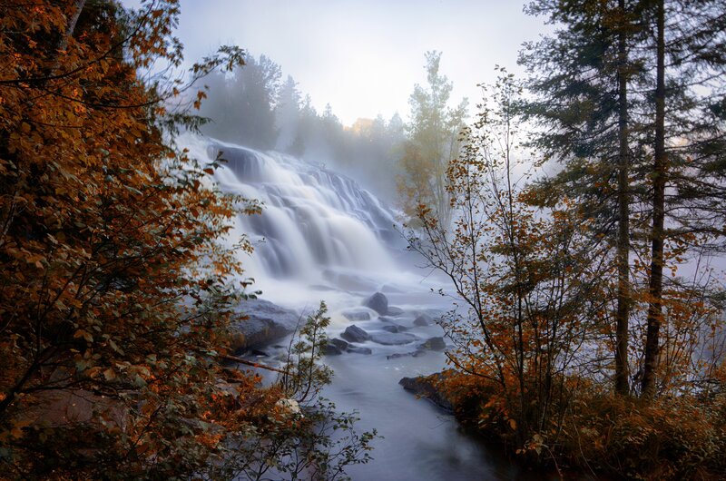 Autumn Waterfall — Orange, Serene, Photograph, Trees, Mist