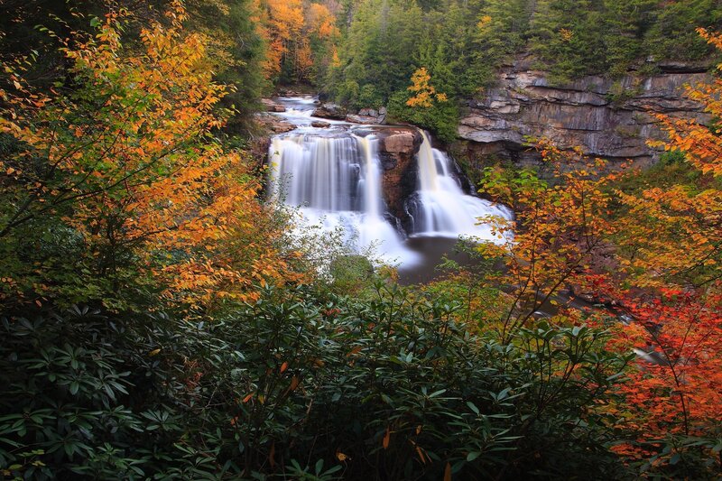 Autumn Waterfall — Orange, Serene, Photograph, Trees, River, Cliff, Green