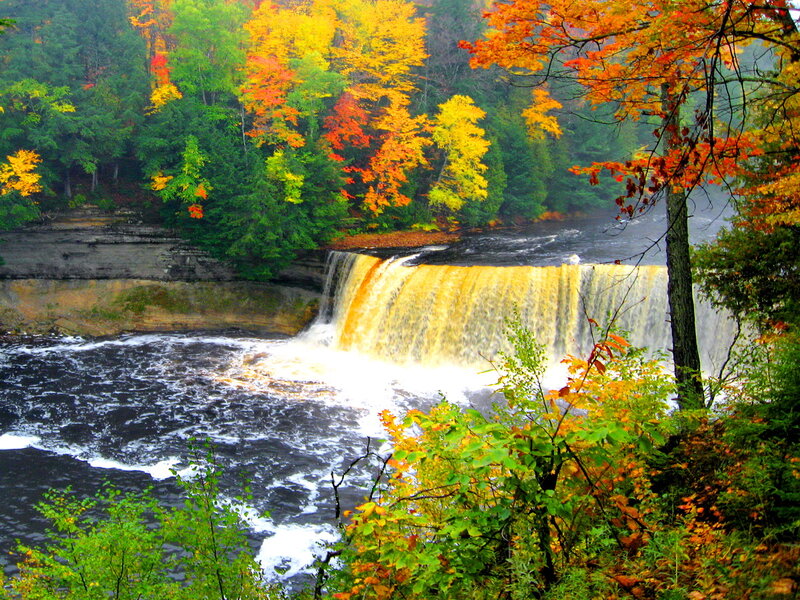 Autumn Waterfall — Orange, Serene, Photograph, Trees, River, Forest