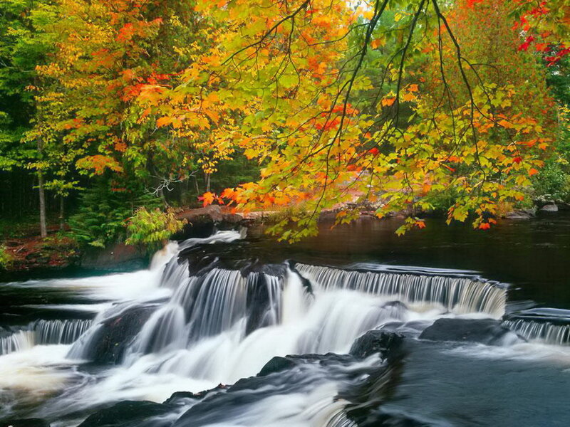 Autumn Waterfall — Orange, Serene, Photograph, Trees, River, Rocks