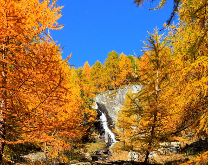 Autumn Waterfall — Orange, Serene, Photograph, Trees, Rock
