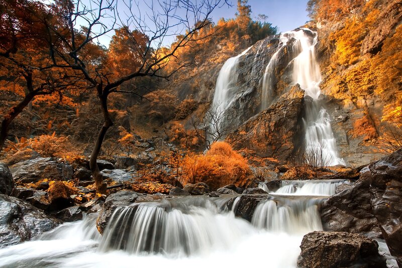Autumn Waterfall — Orange, Serene, Photograph, Trees, Rocks, River