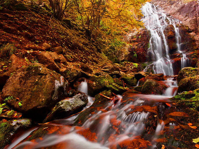 Autumn Waterfall — Orange, Serene, Photograph, Trees, Rocks