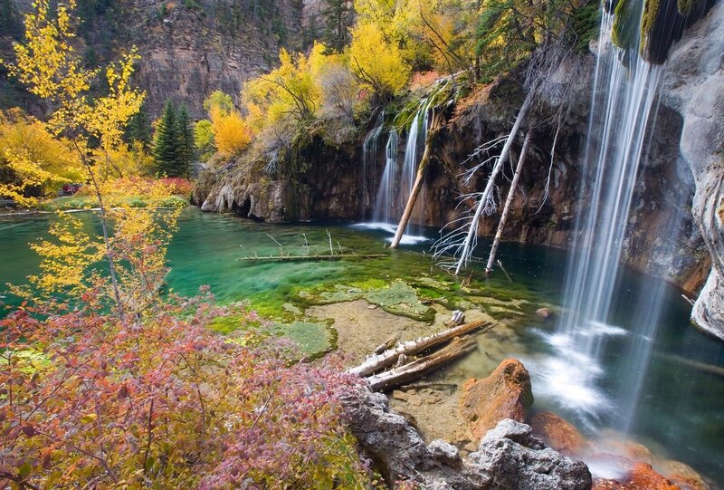 Autumn Waterfall Pool — Green, Serene, Photograph