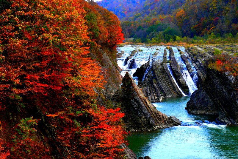Autumn Waterfall — Red, Dramatic, Photograph