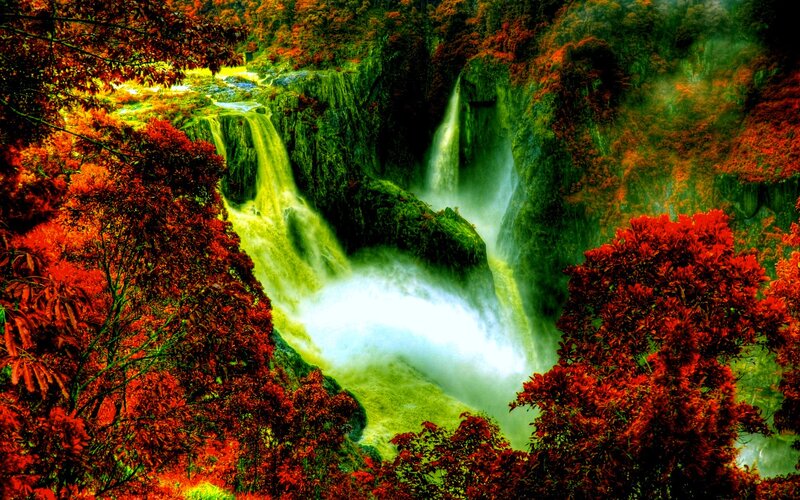 Autumn Waterfall — Red, Dramatic