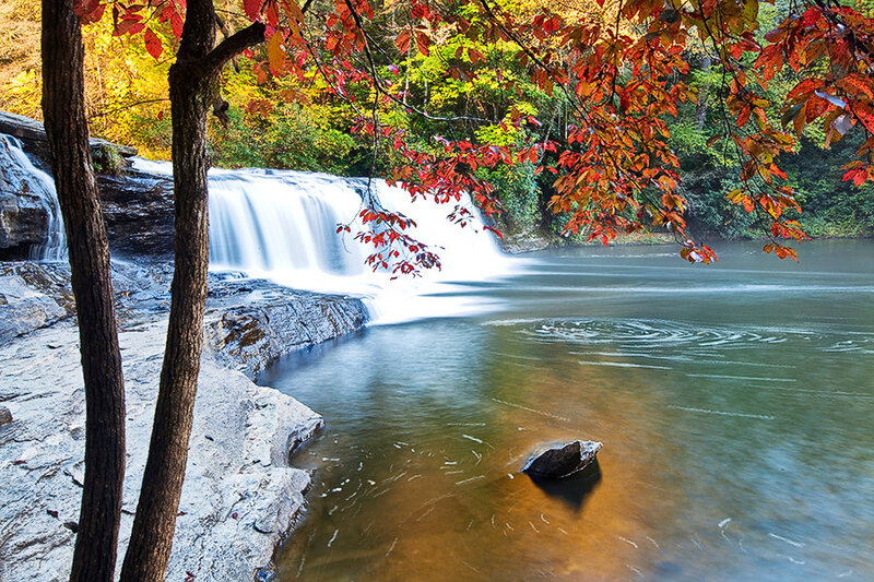 Autumn Waterfall — Red, Serene, Photograph