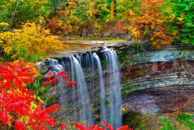 Autumn Waterfall — Red, Serene, Photograph, Trees, Cliff