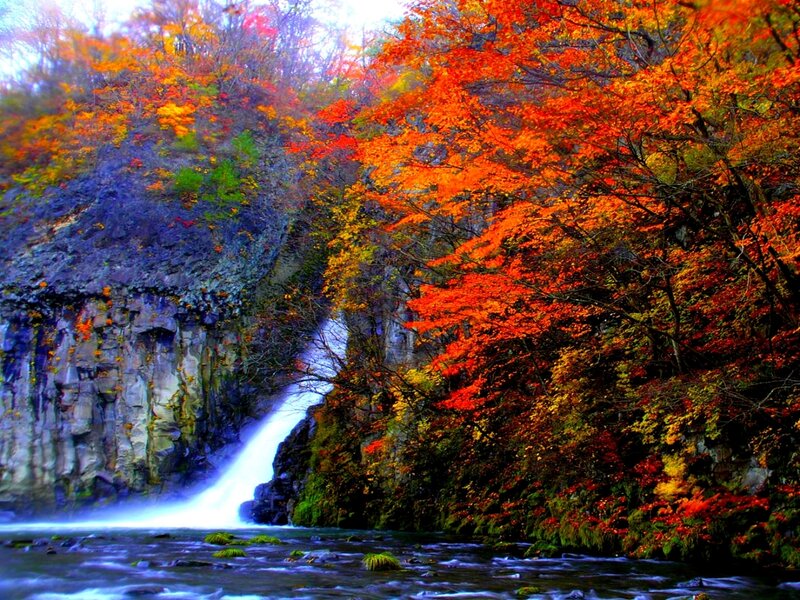Autumn Waterfall — Red, Serene, Photograph, Trees, River, Cliff