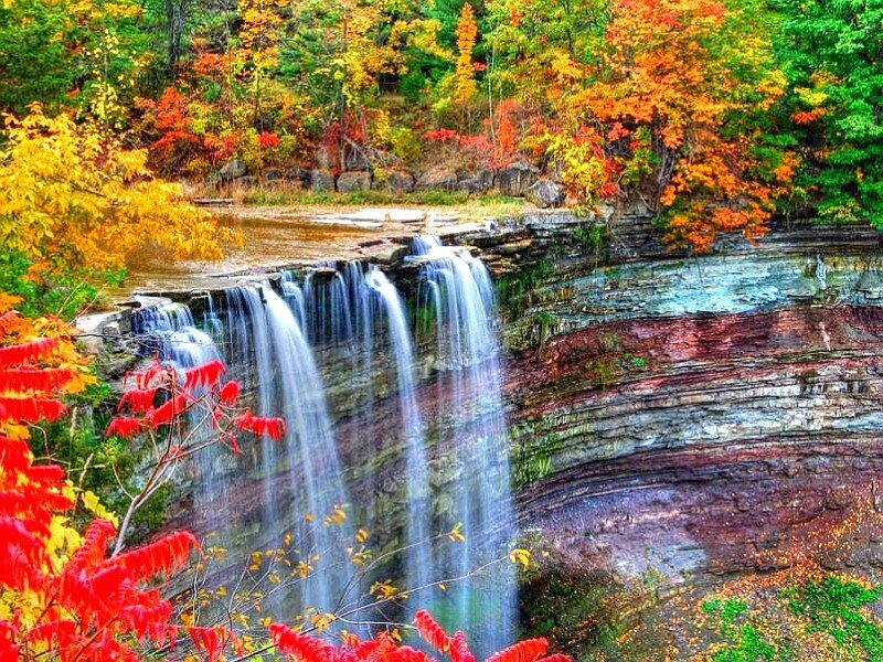 Autumn Waterfall — Red, Serene, Photograph, Trees, River, Cliffs