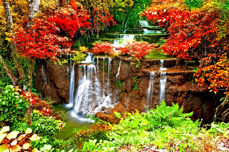 Autumn Waterfall — Red, Serene, Photograph, Trees, River, Rocks, Foliage