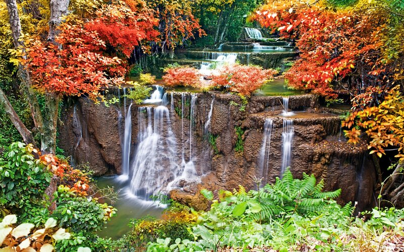 Autumn Waterfall — Red, Serene, Photograph, Trees, River, Rocks
