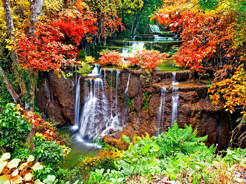 Autumn Waterfall — Red, Serene, Photograph, Trees, River