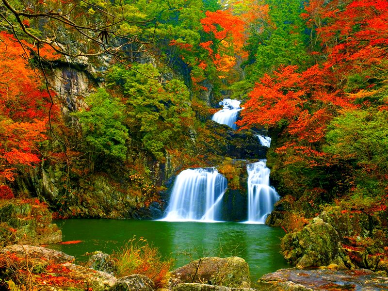 Autumn Waterfall — Red, Serene, Photograph, Trees, Rocks, Pool